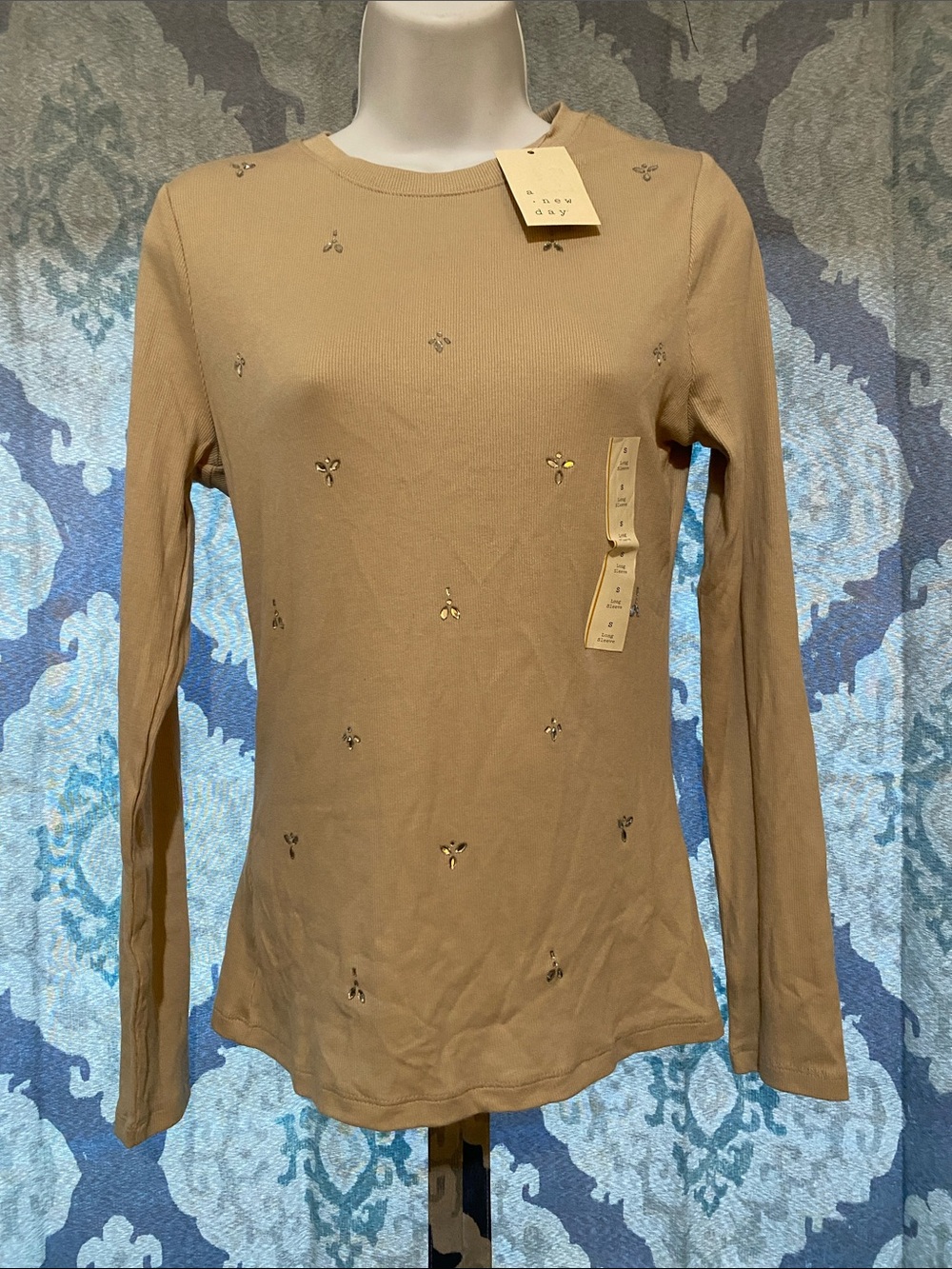a new day Tan Beaded Long Sleeve Crewneck Top